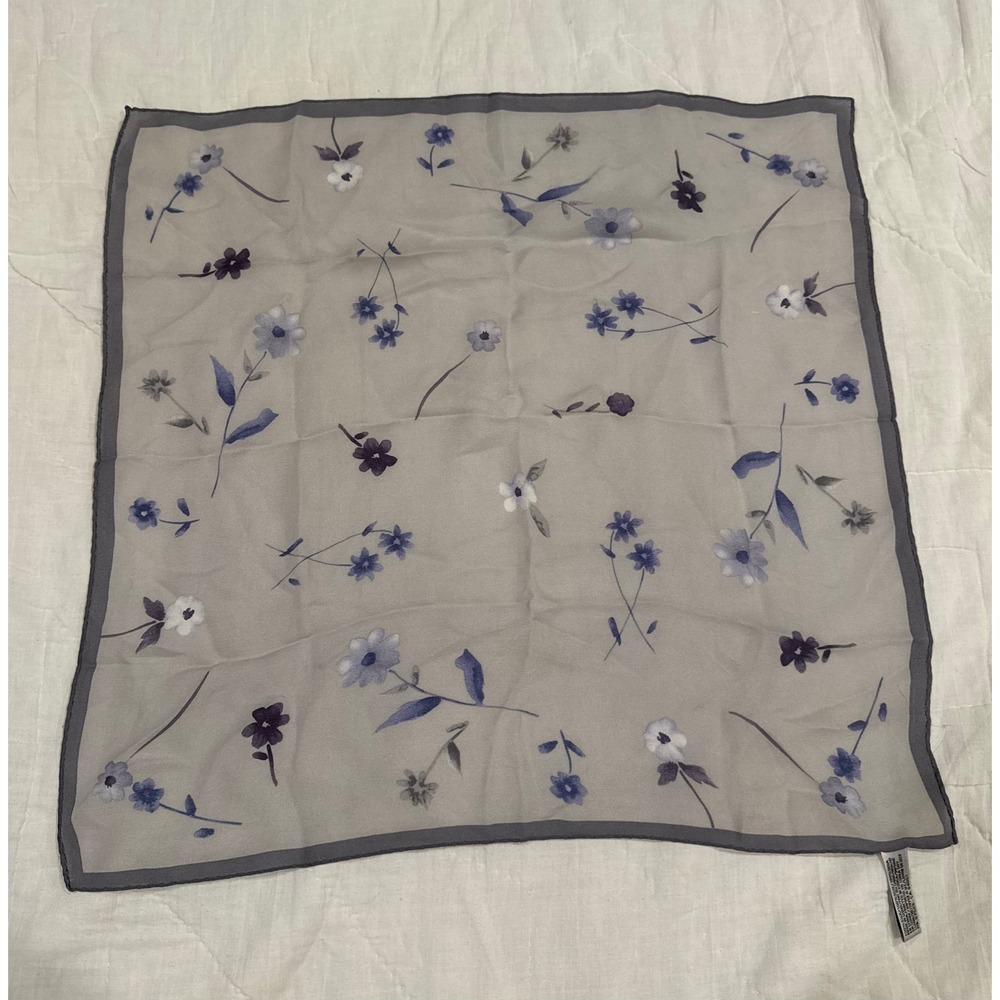 Elaine Gold Collection XIIX Ltd Silk Scarf Grey Blue Purple Floral Print Square